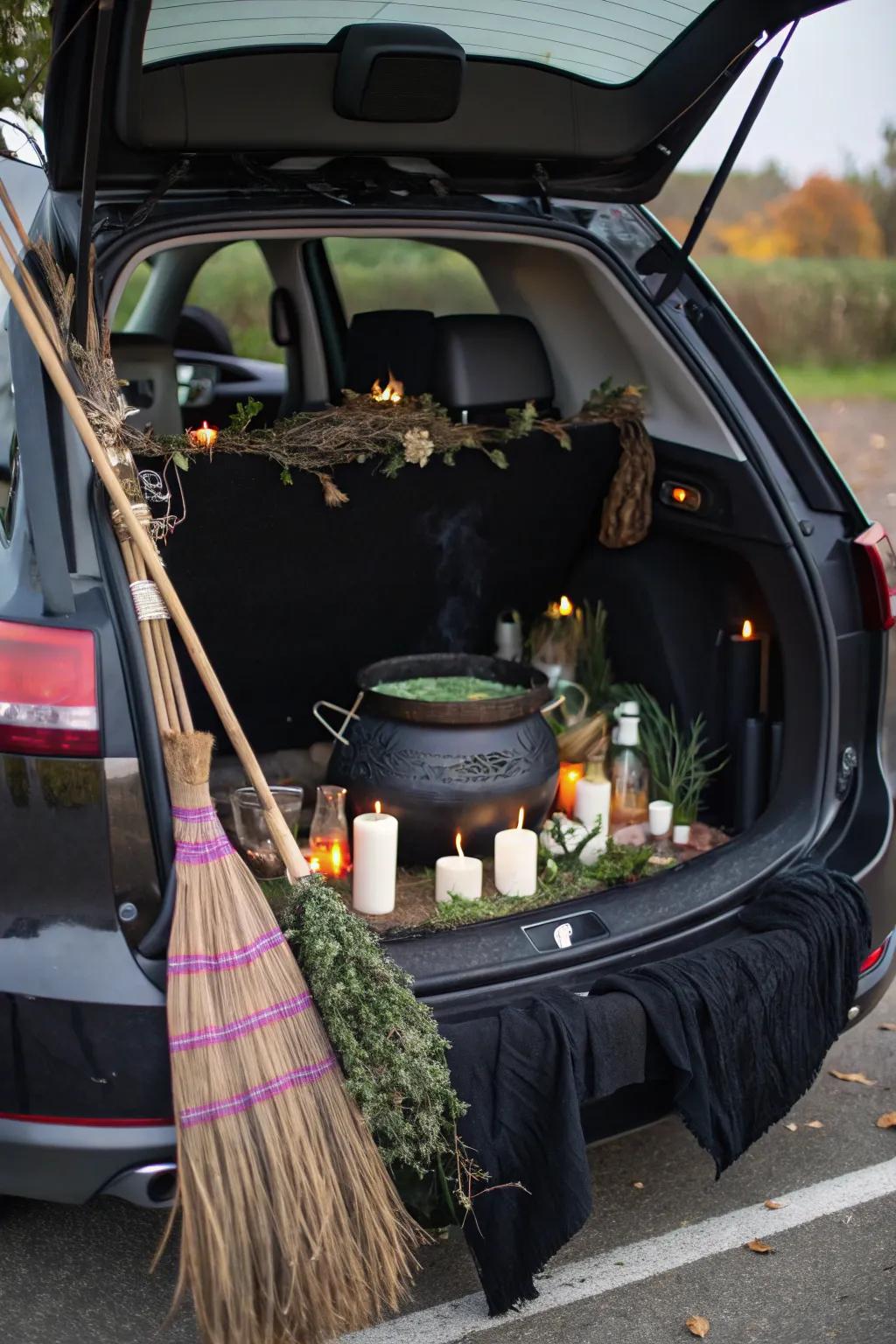 Enter the sorceress hideaway with broomsticks and cauldrons for a magical trunk display.