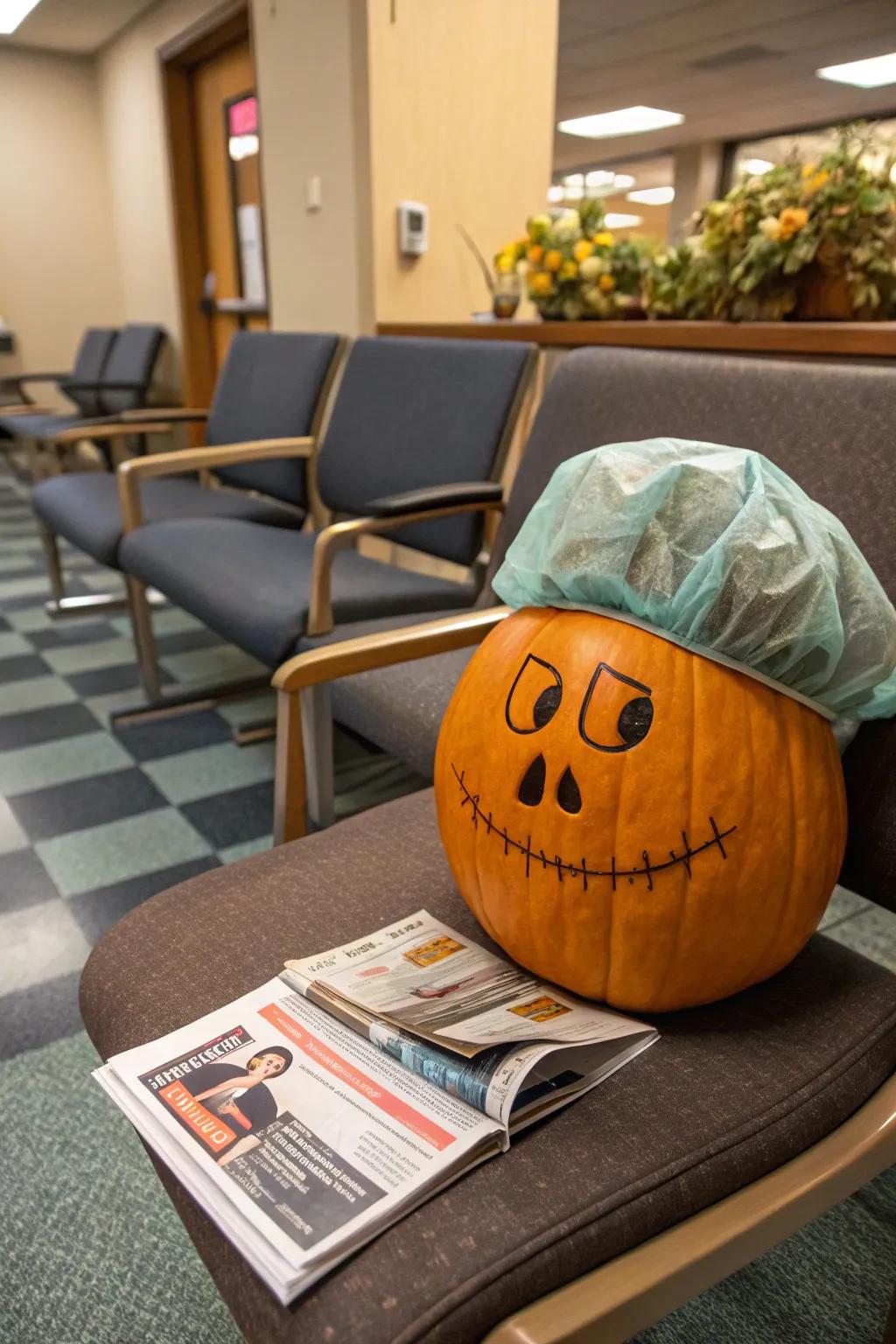A humorous hospital-themed pumpkin that introduces a touch of laughter to your decor.