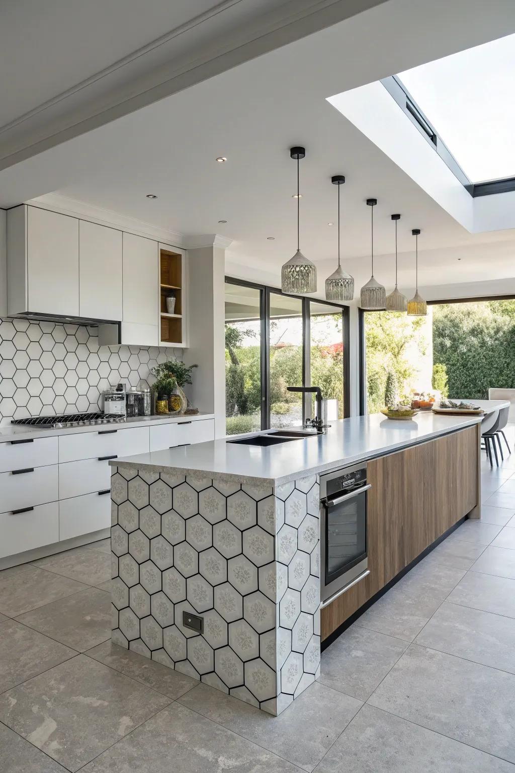 A drifting center featuring hexagon accents becomes a stylish kitchen showpiece.