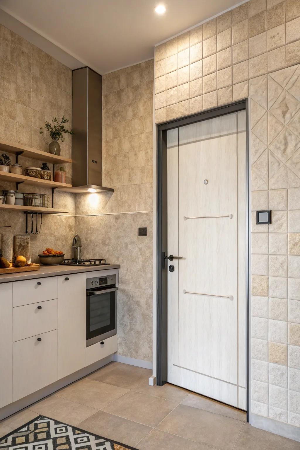 An unseen door in the kitchen, seamlessly blending with the walls.