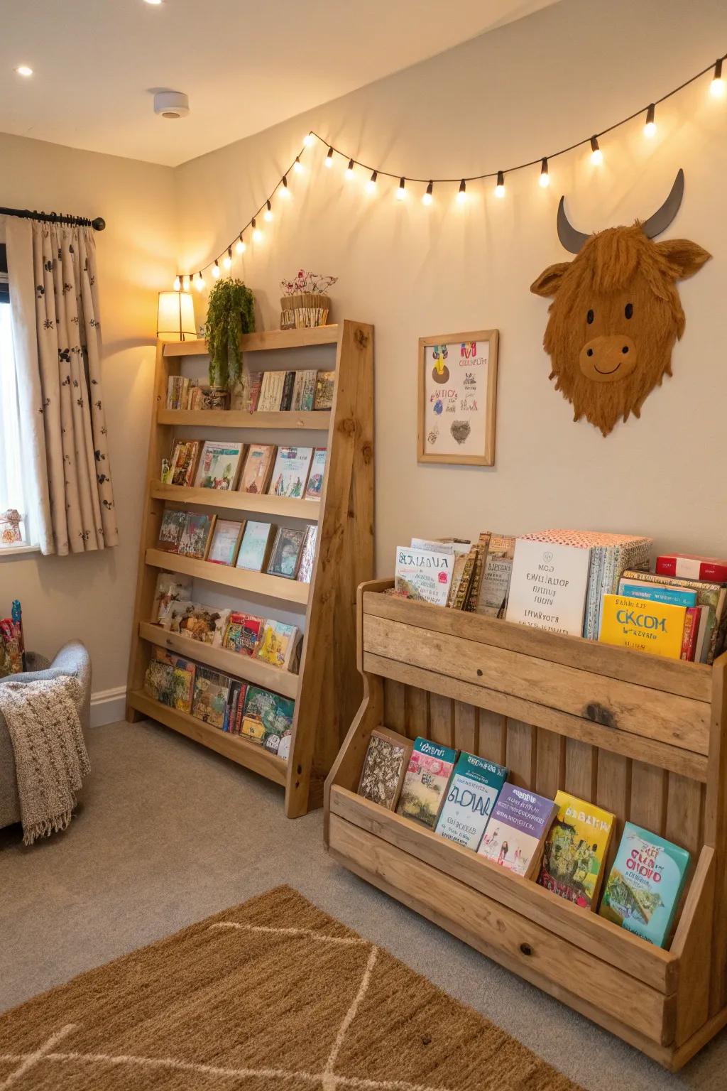 Country bookshelves provide appeal and practicality.