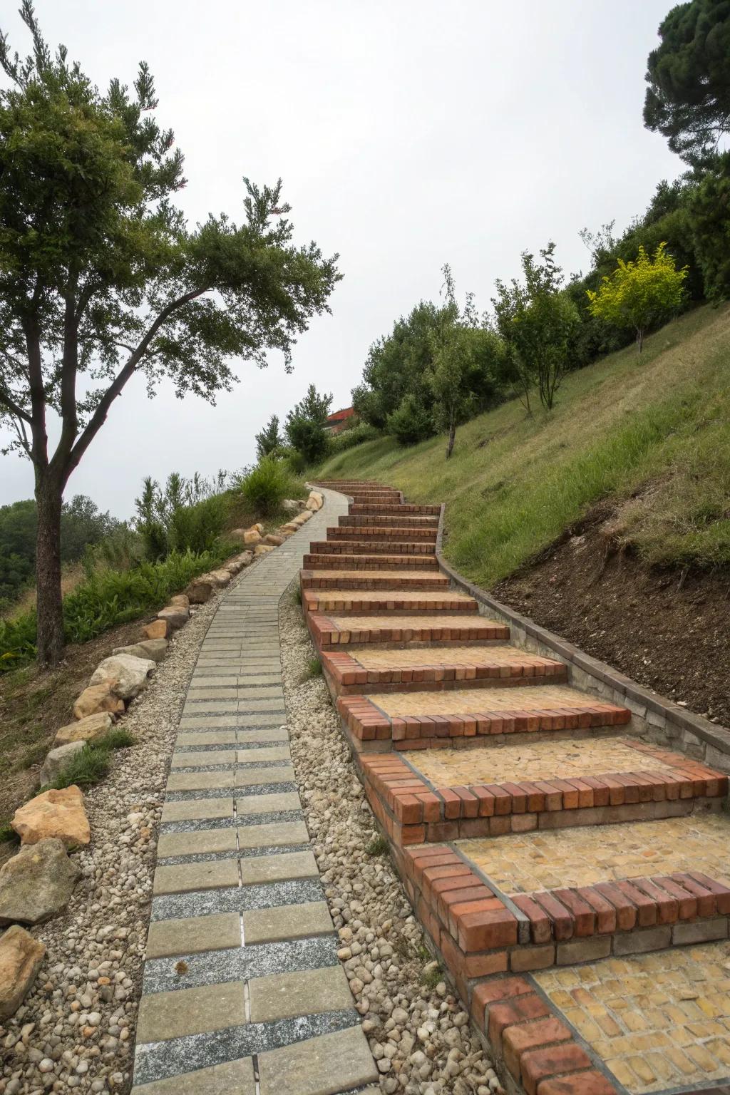 Paving tiles and bricks offer stability and visual interest.