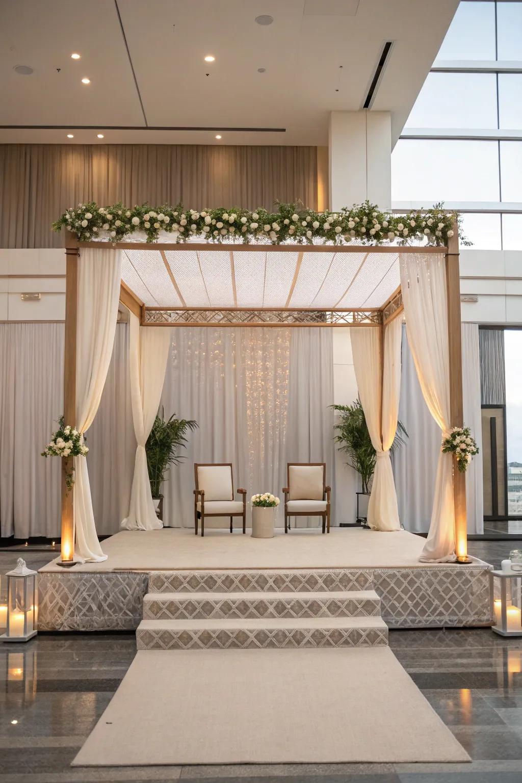 A minimalist chic mandap with neutral tones and clean lines.