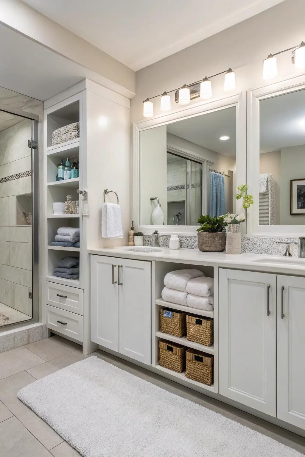 Separate cabinets help keep things tidy.