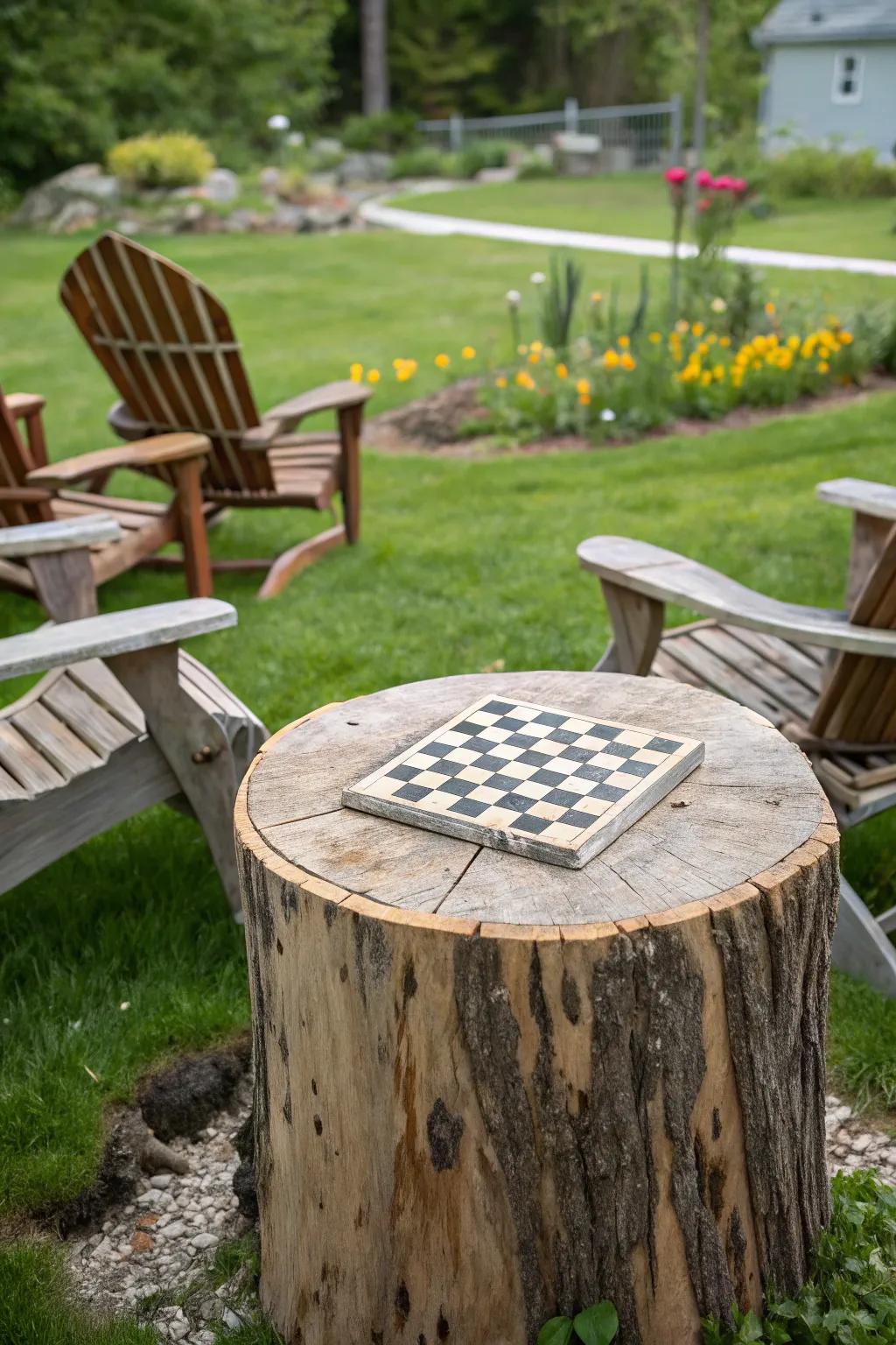 A tree stump game board entices strategic play in the garden.