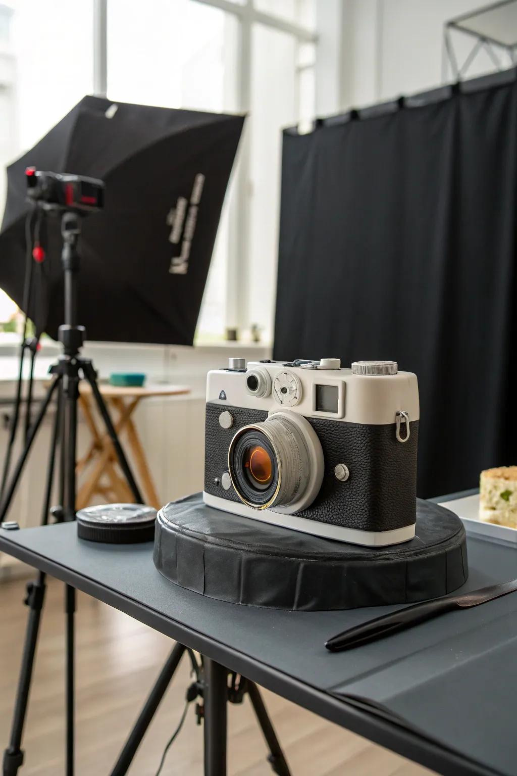 A retro camera cake that’s a nod to timeless filmmaking.