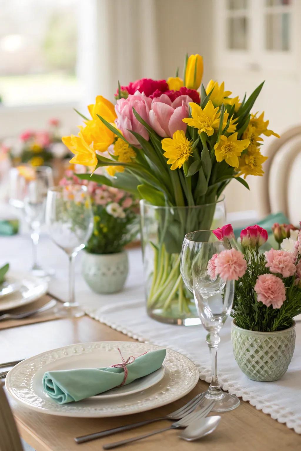 A dining table brightened by spring floral décor.