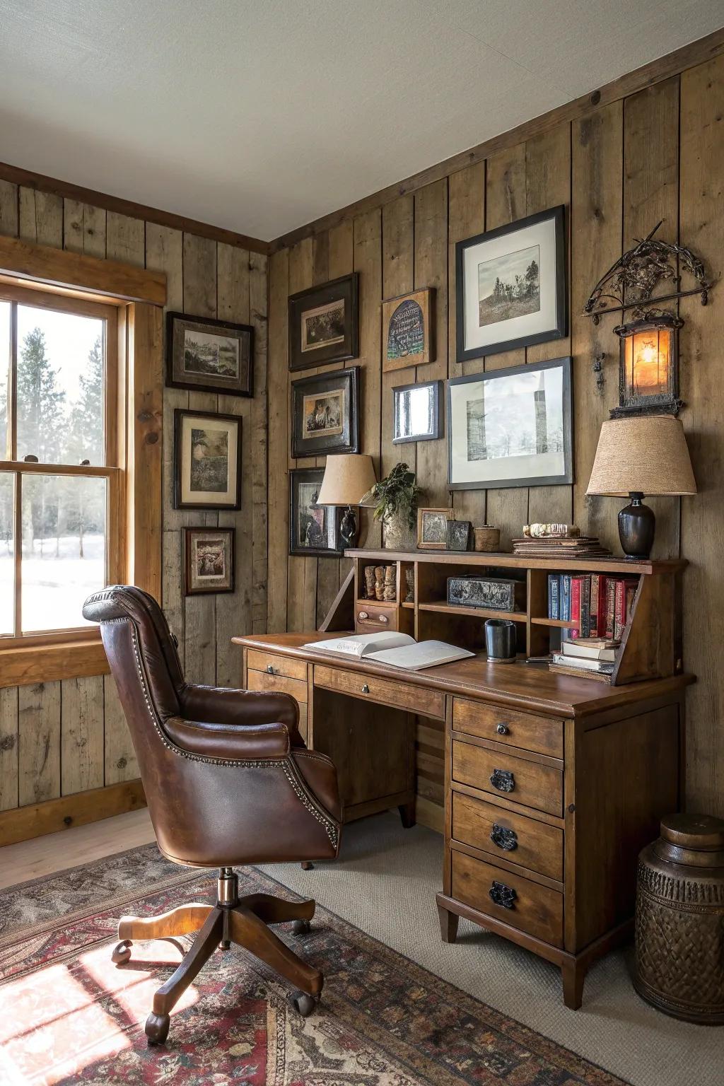 Vintage elements bring warmth and appeal to this home office.
