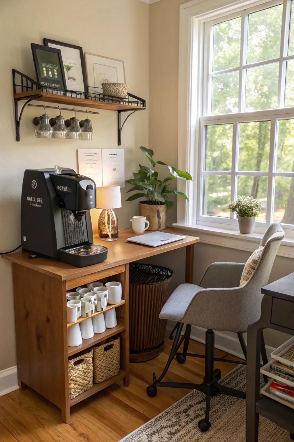 A dedicated coffee nook ensures your favorite refreshments are always within reach.
