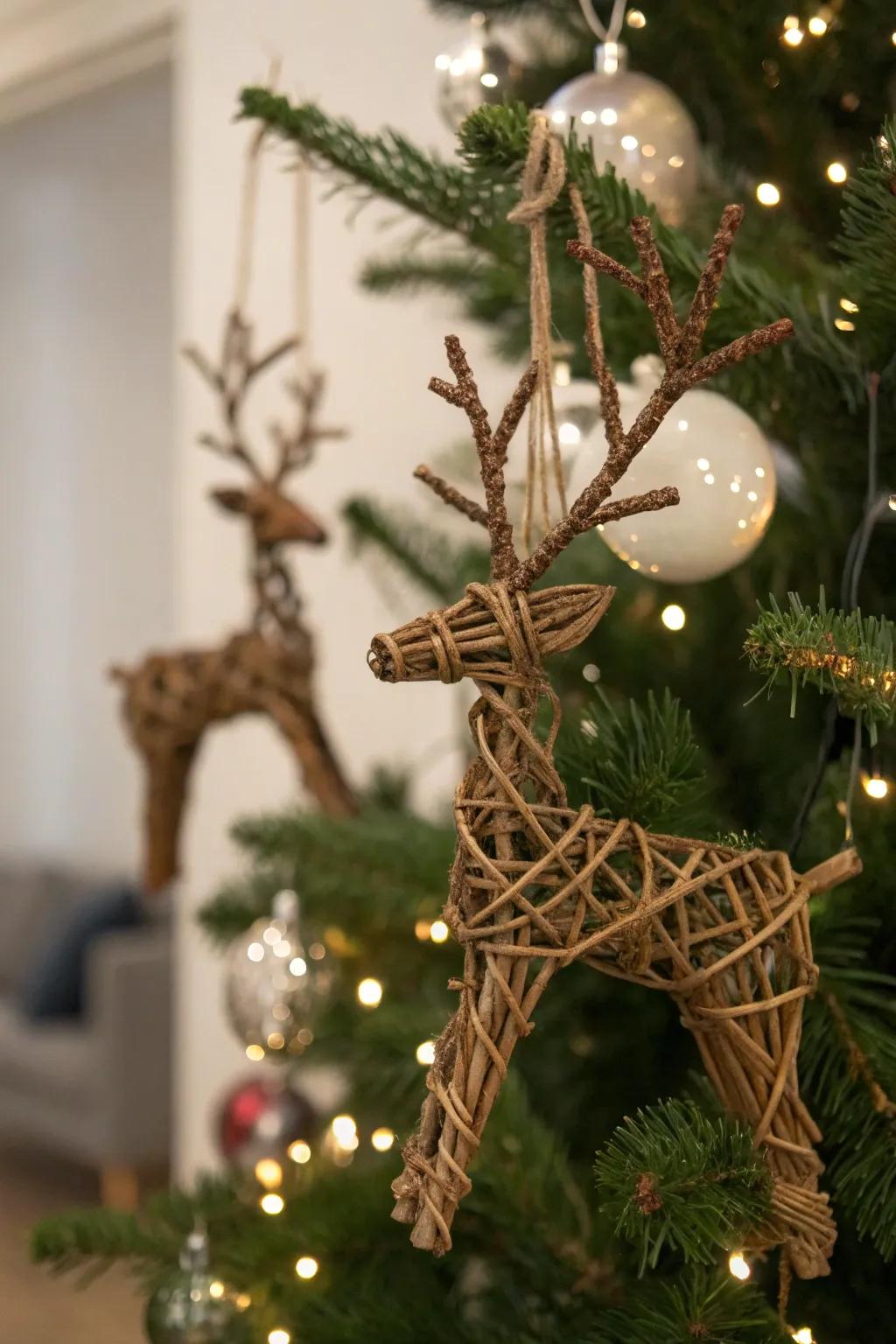Homespun branch reindeer ornaments appending woodland fascination to the holiday embellishments.