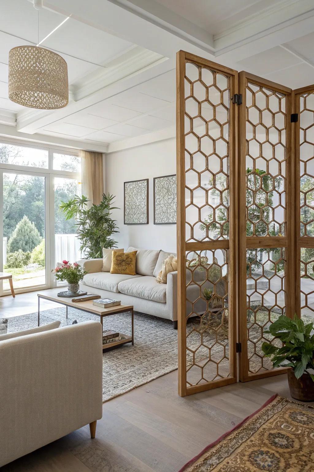 Divide spaces in style with a honeycomb space divider.