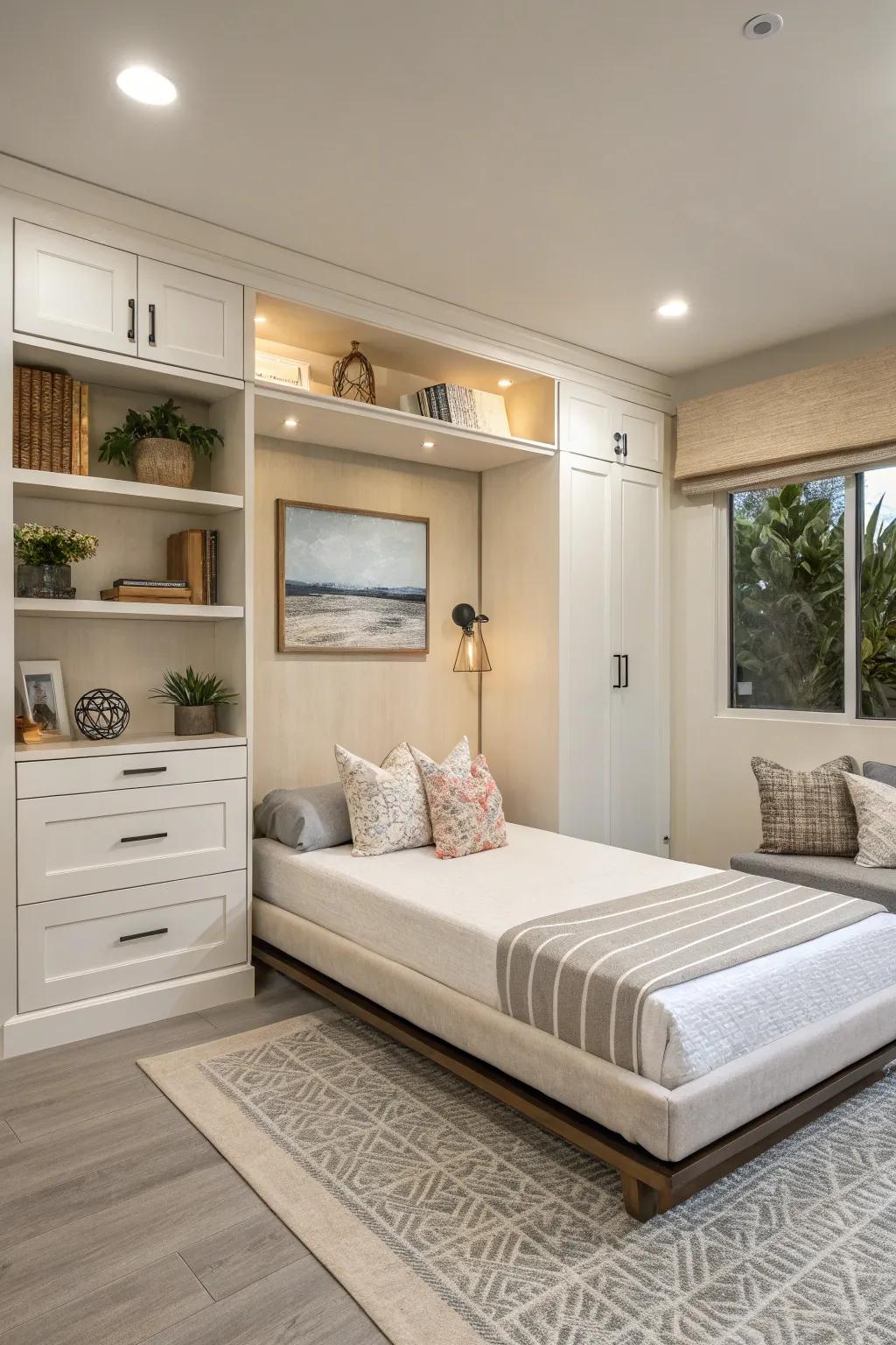 An perfectly straightforward area using a convertible bed, building a serene and organized space.