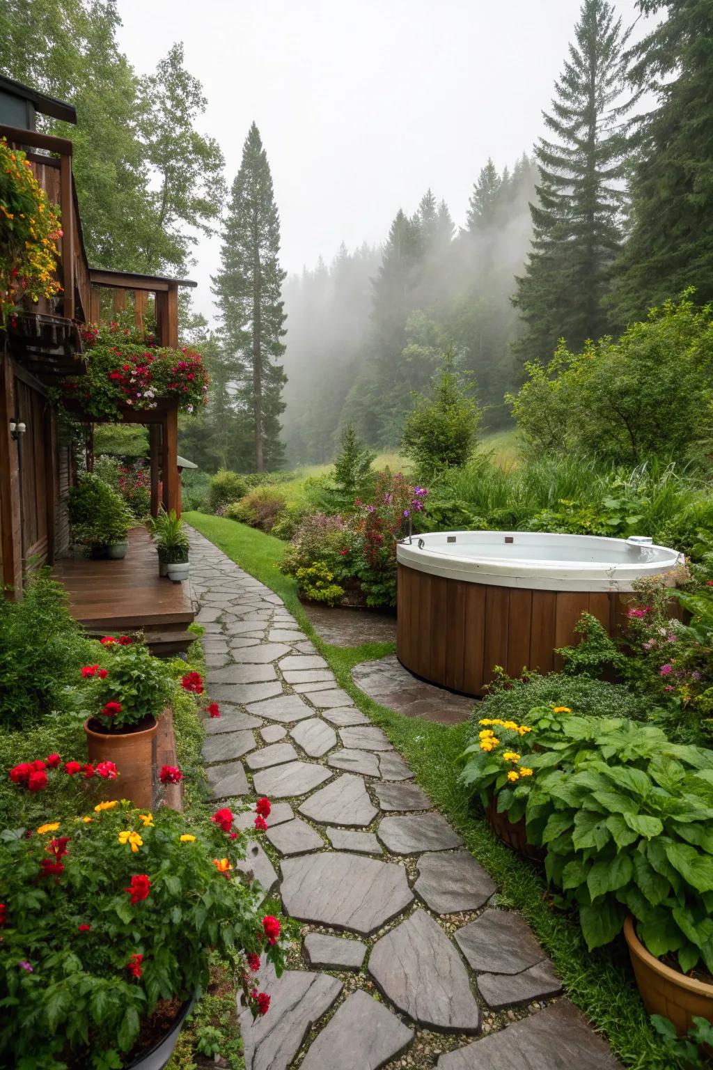 A stone route injects rustic charm into the hot tub approach.
