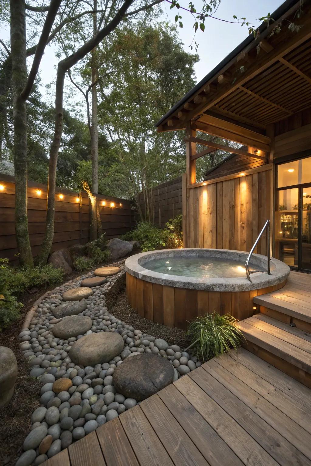 A spa encircled by inherent materials for an organic impression.