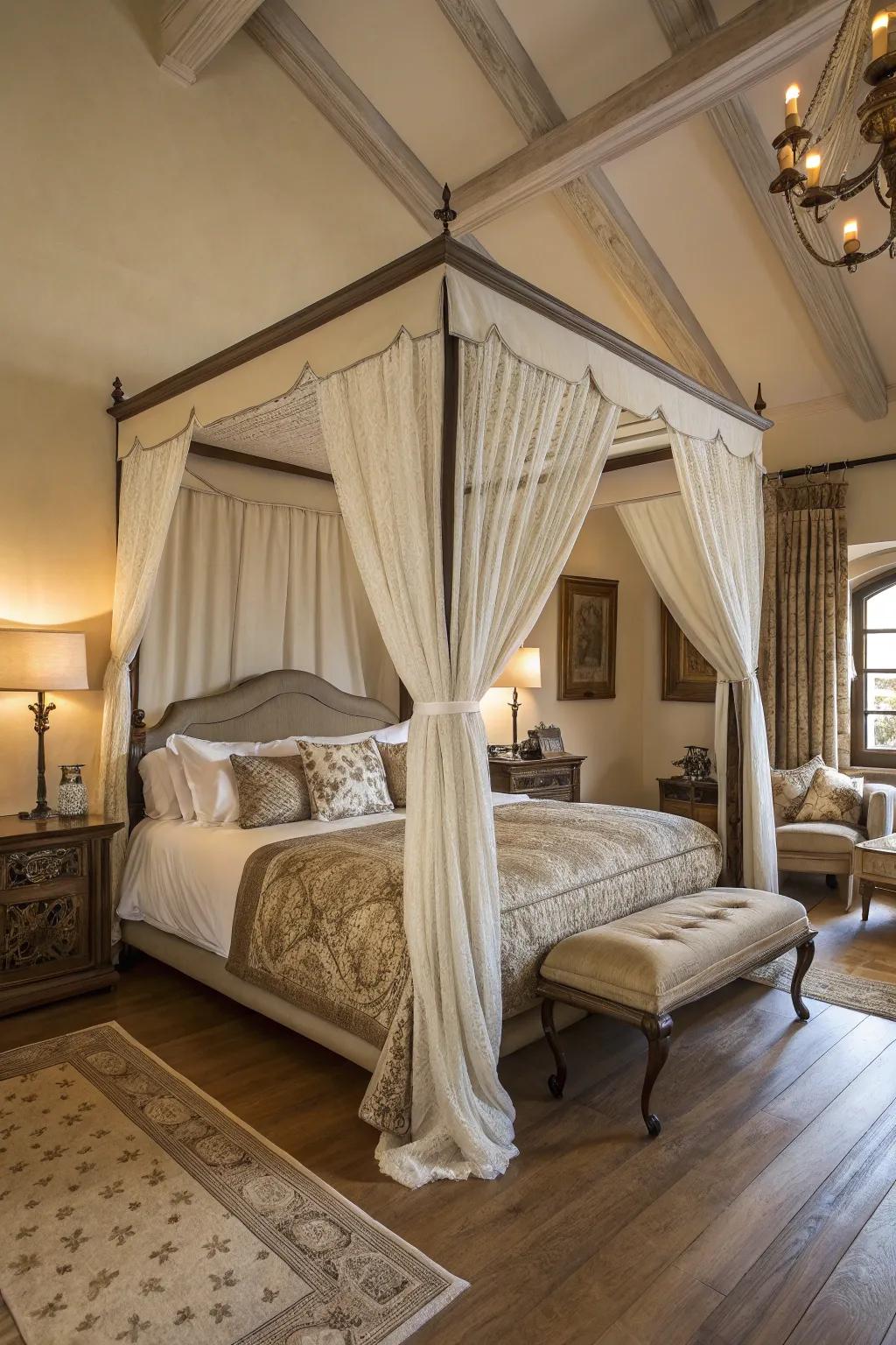 A canopy bed introduces a hint of regal opulence.