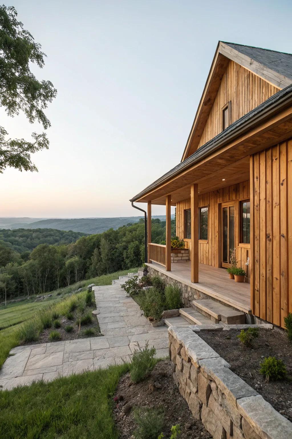 Timber surface contributes warmth and rustic appeal.