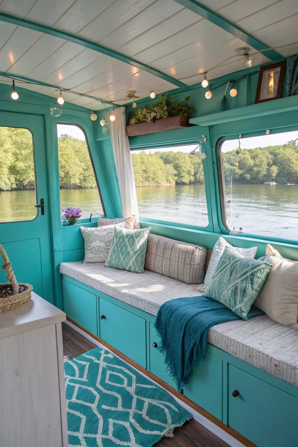 A splash of color enlivens this houseboat's interior.