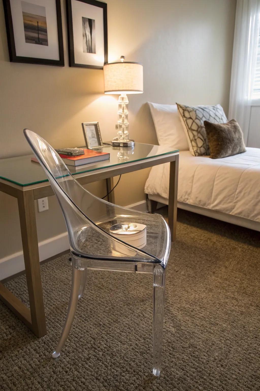 See-through furniture preserves the visual flow in a small bedroom.