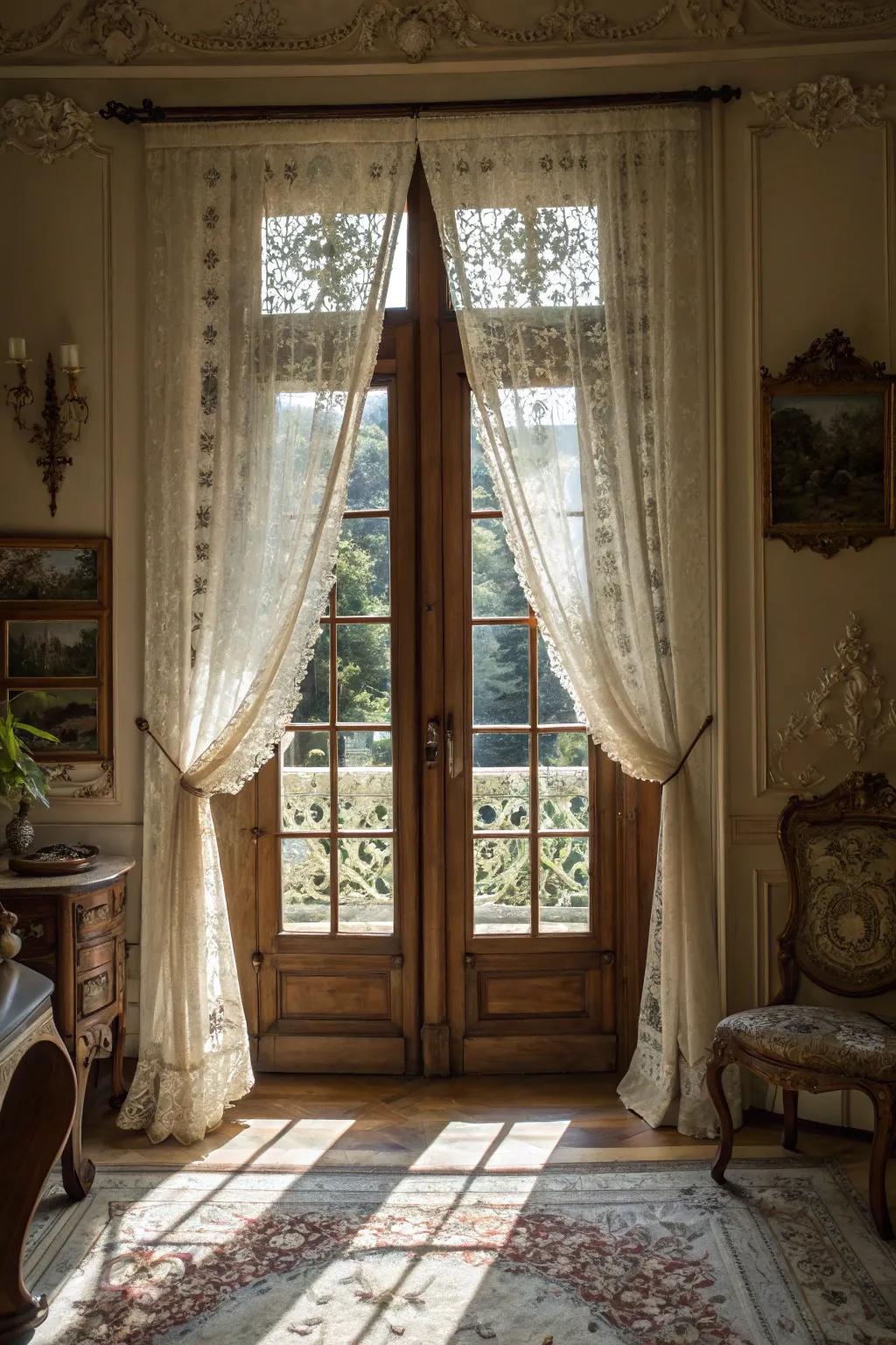 Lace curtains bring a vintage charm and airiness to French doors.