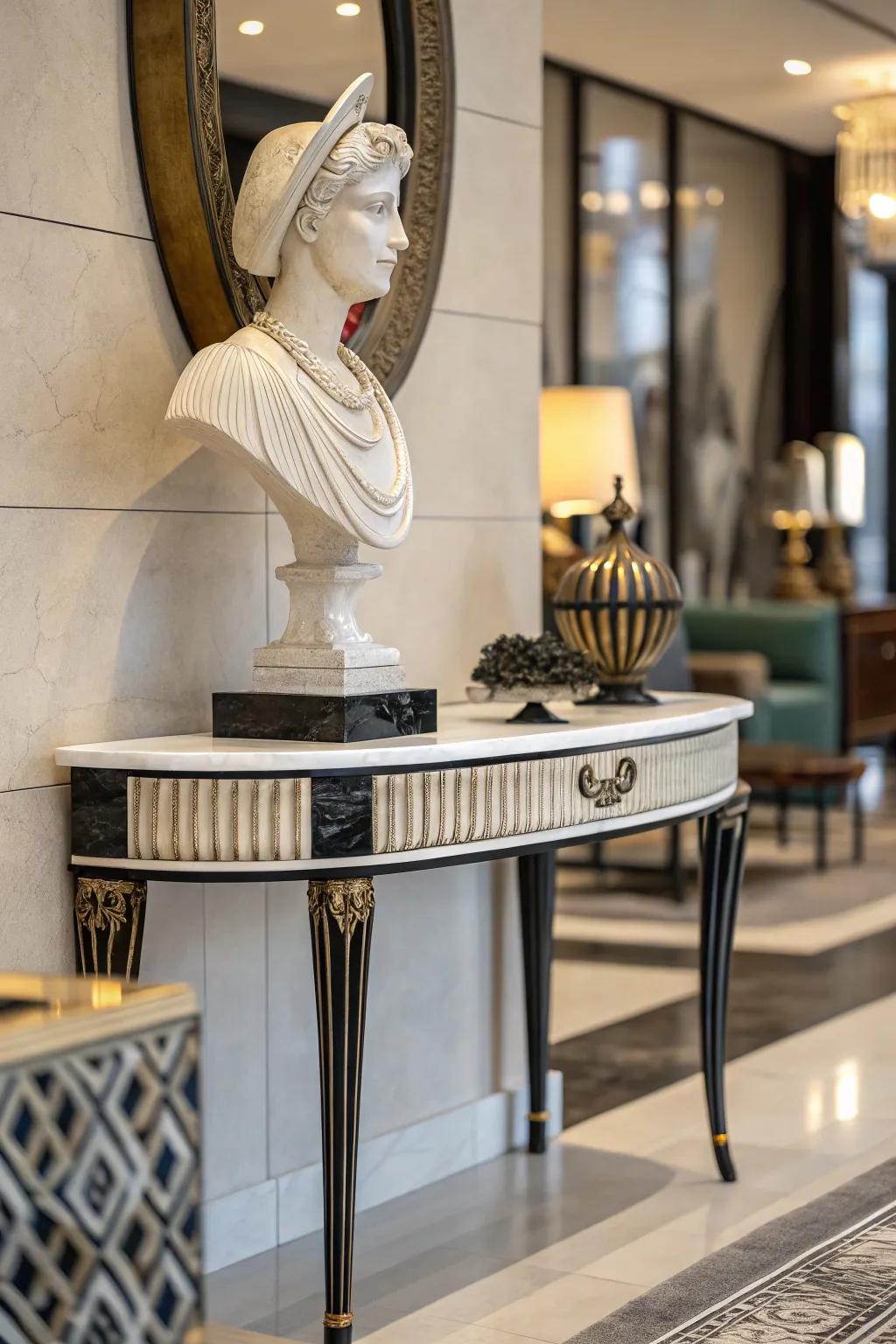 A carefully selected sculptural piece adds visual interest and flair, capturing the eye.