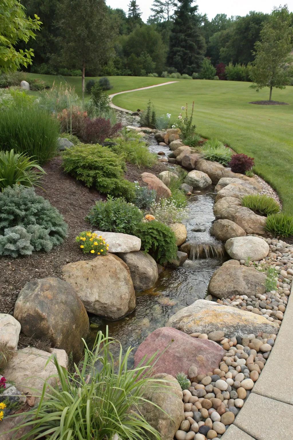Raised planting areas divert water while adding interest to the landscape.