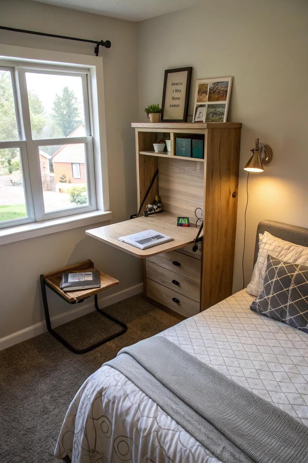 A folding desk offers a workspace that’s there when you need it.