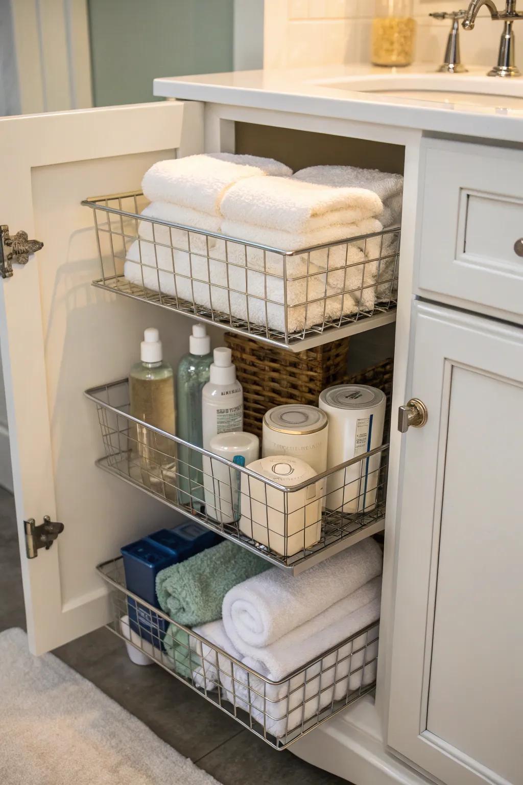 Wire baskets inside a bathroom cabinet are used for storing toiletries and towels.