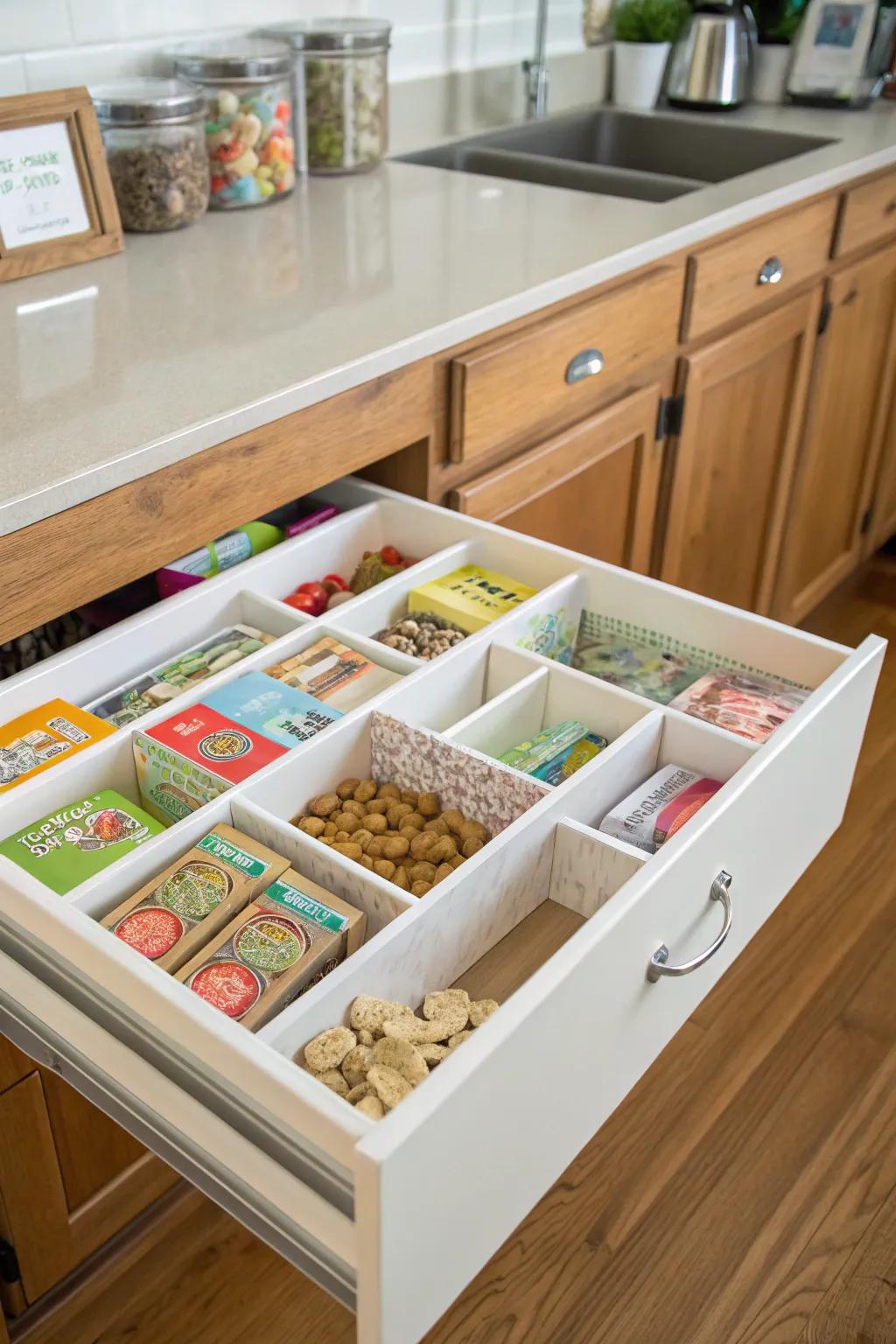 Handmade compartments crafted for unique utensil organization.