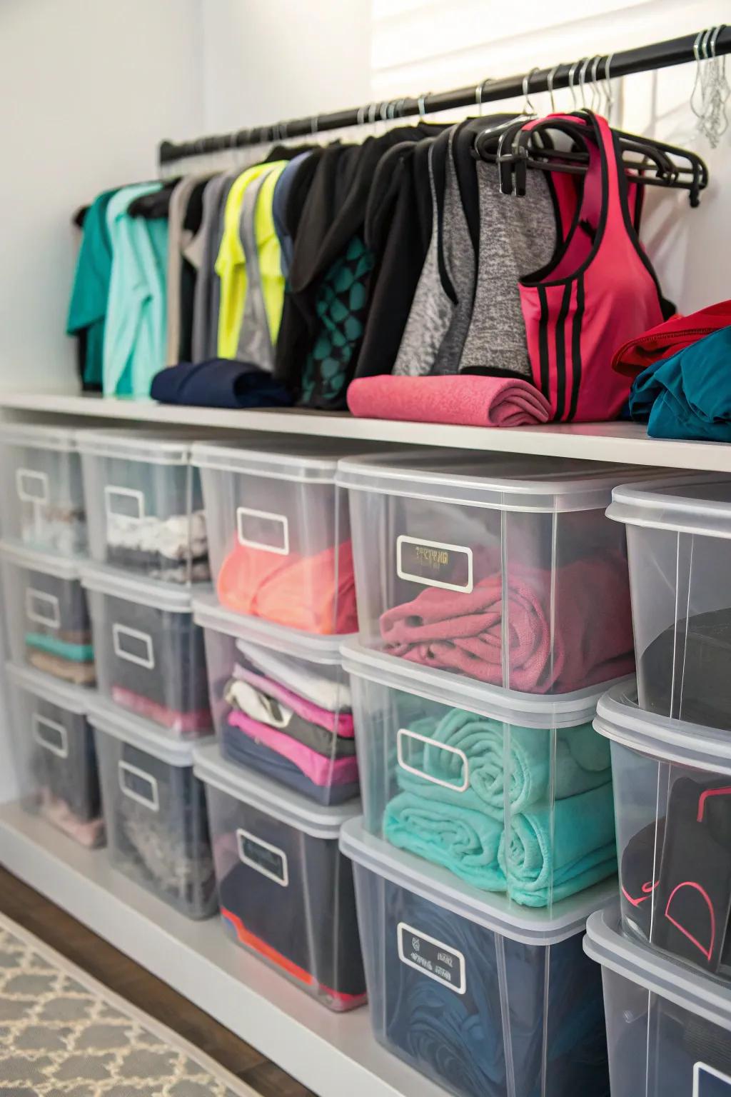 See-through containers showing neatly arranged workout clothing.