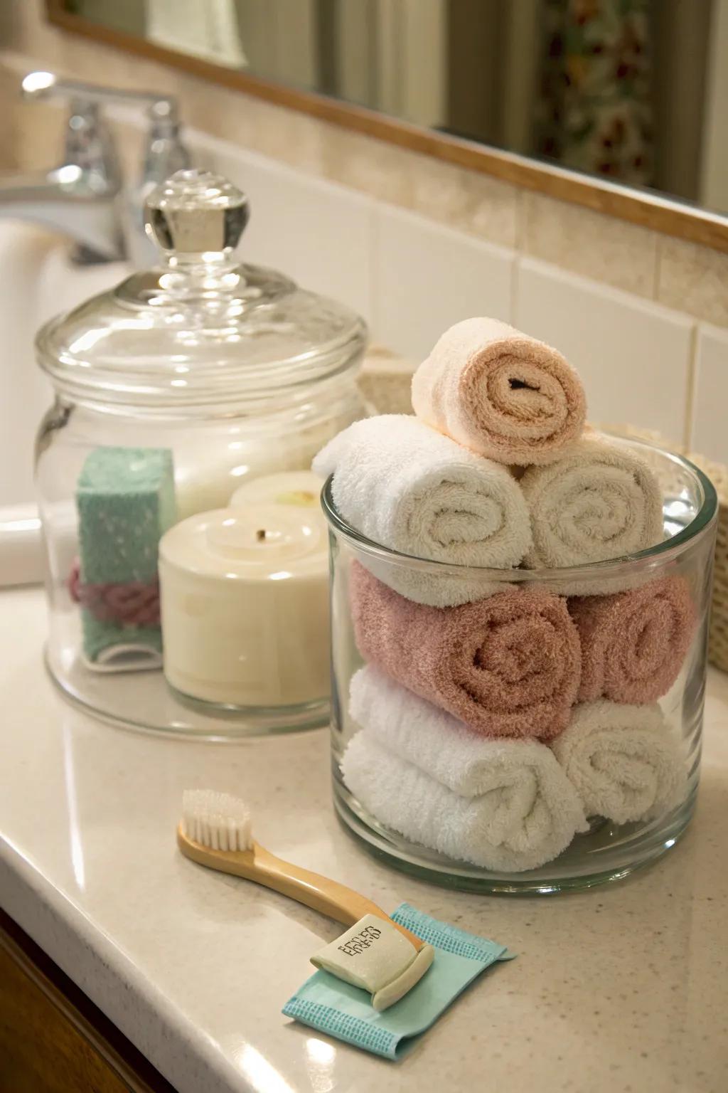 Glass jars make a stylish and functional option for towel storage.