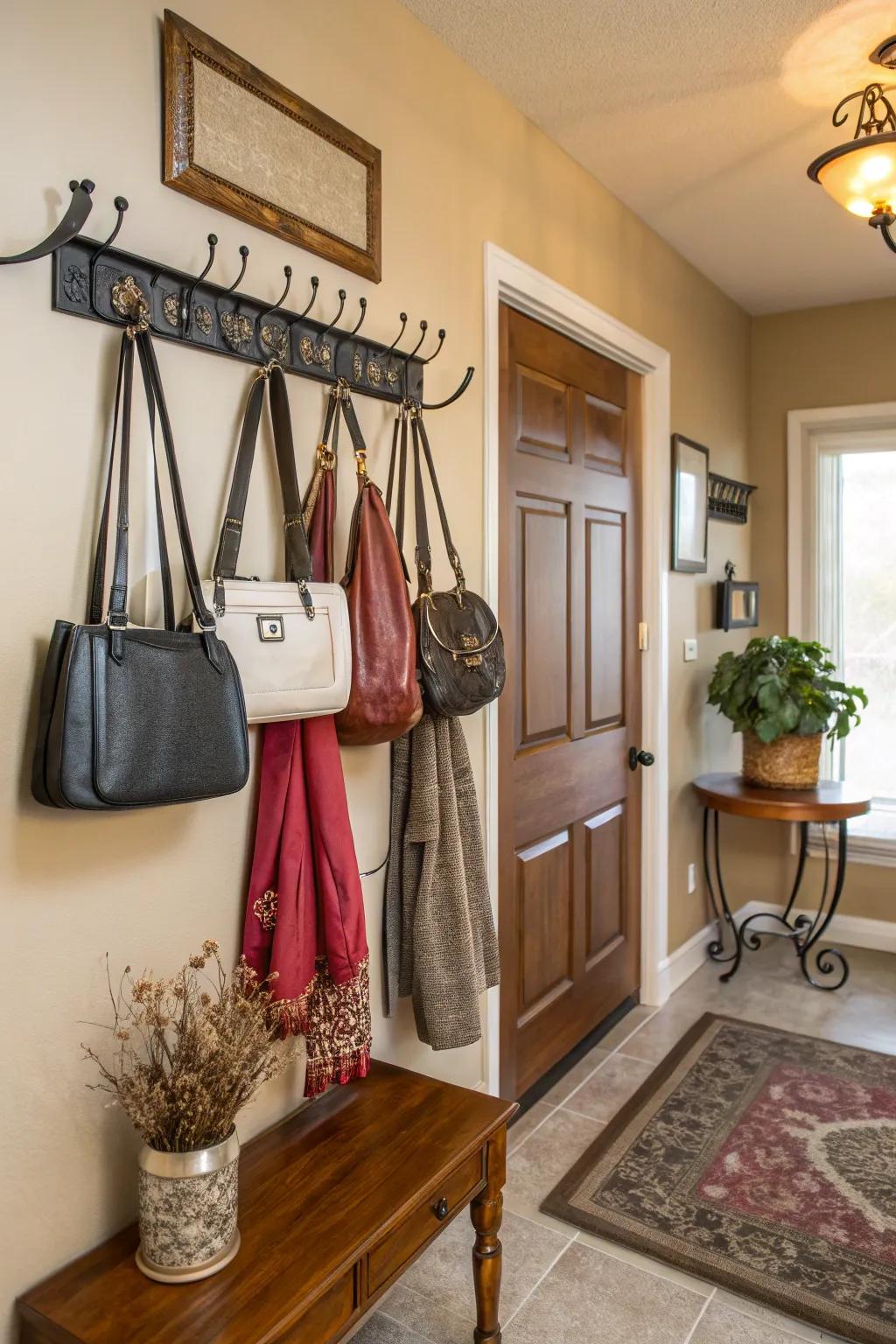 A wardrobe stand acting as a fashionable handbag storage solution.