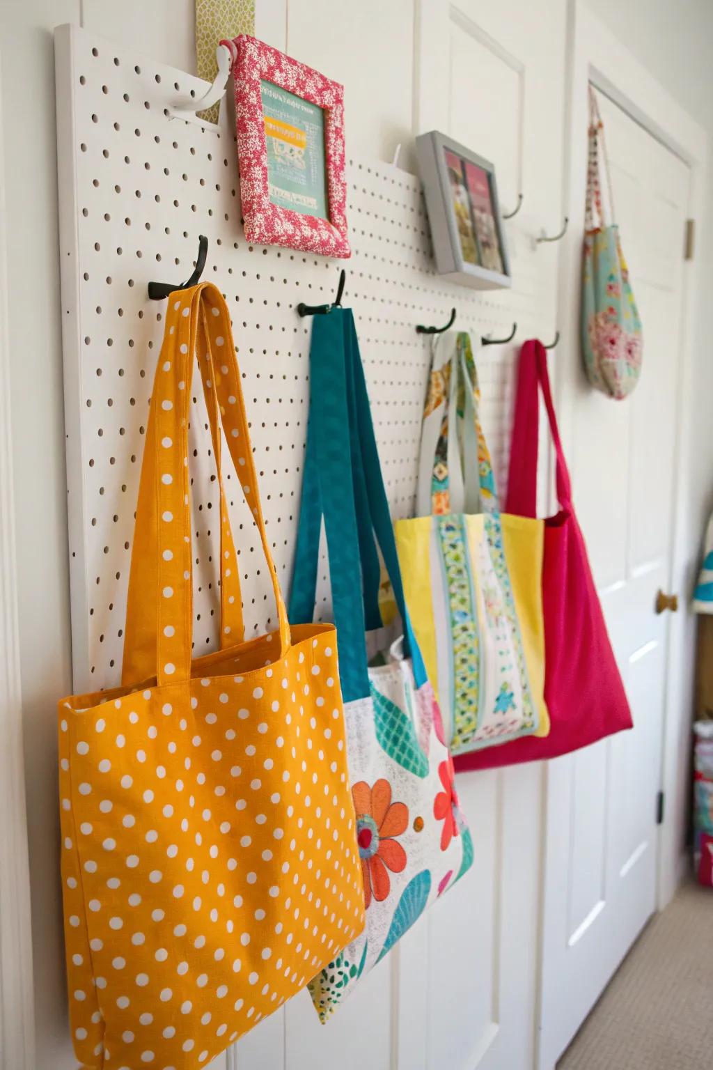 Pegboards allow for customizable and dynamic tote displays.