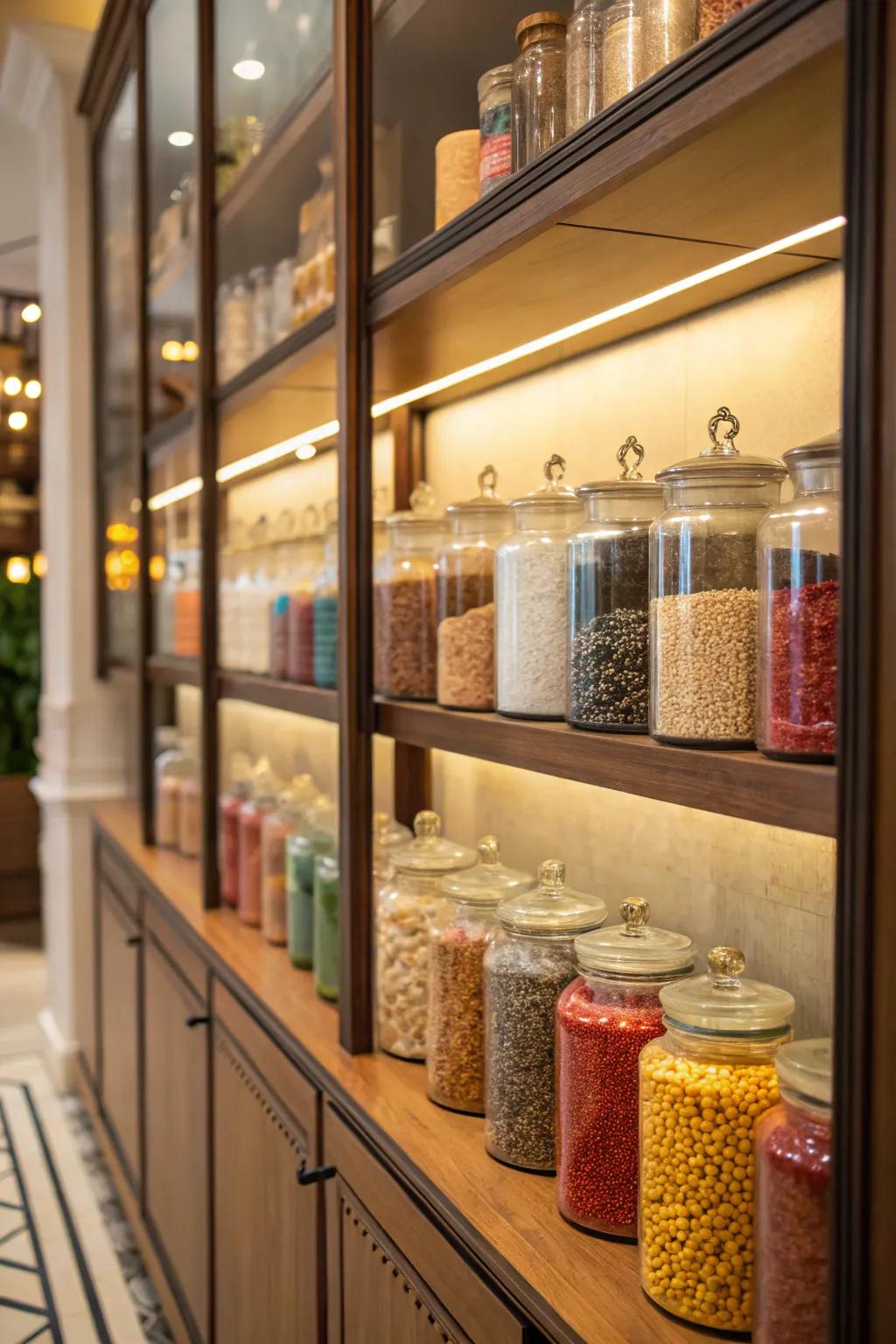 Edible items acting as both embellishment and storage within the cabinet.