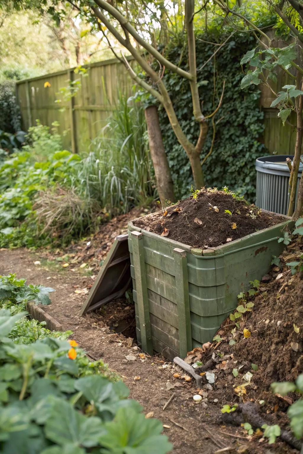 A partially buried compost container is discreetly placed to reduce odors and pests.