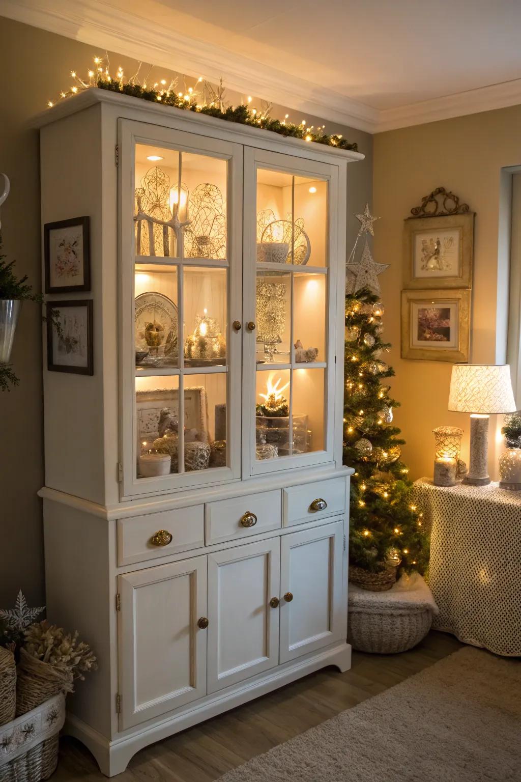 Integrated illumination highlights the beauty of this hutch.
