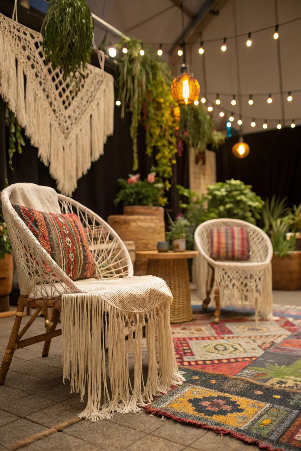 Bohemian flair with fringe chair wraps.