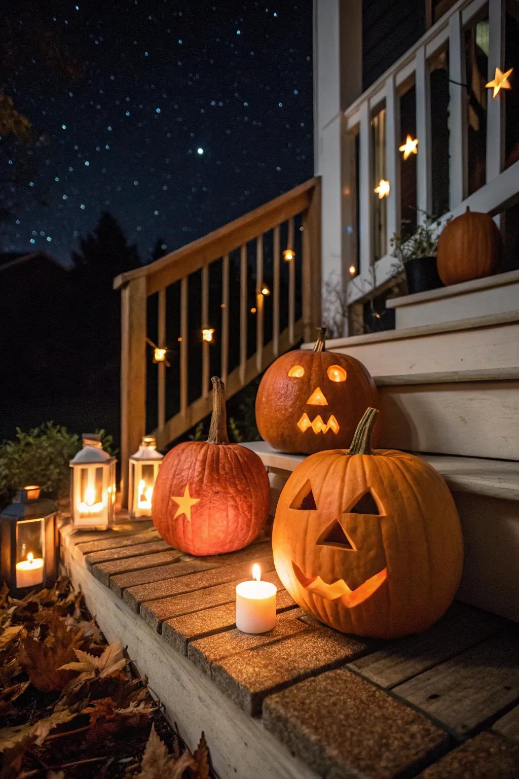 Candlelit pumpkins creating a warm and inviting glow at night.