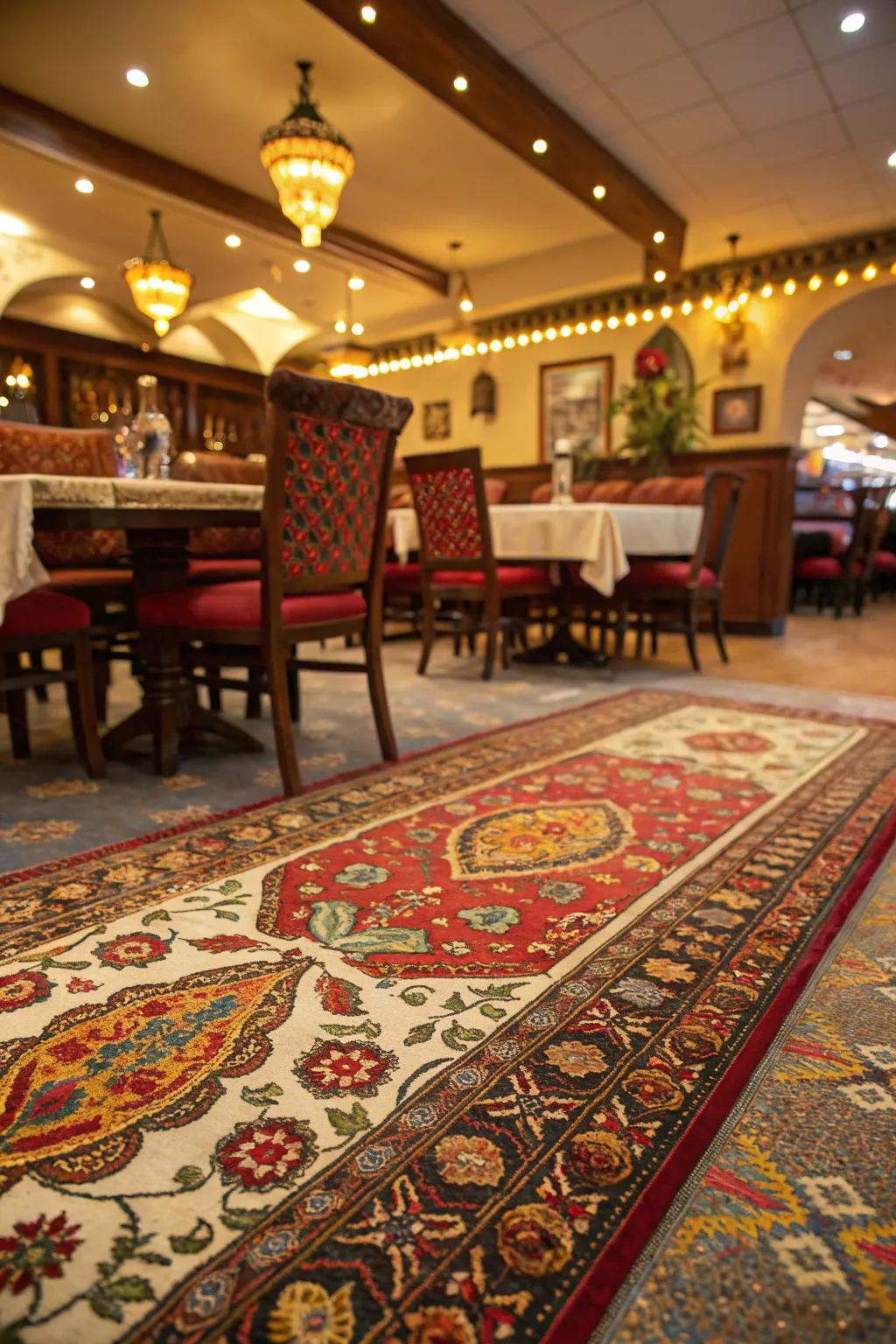 An intricate carpet adding warmth to an Indian restaurant.