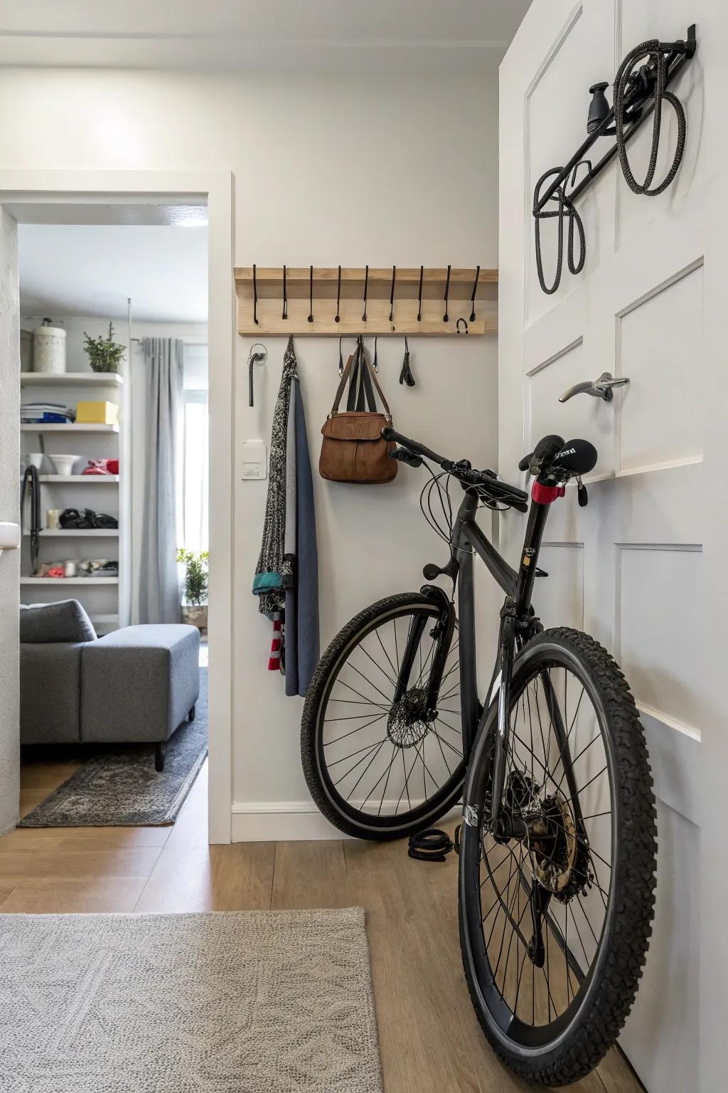 Hangers behind doors provide discreet bike storage.