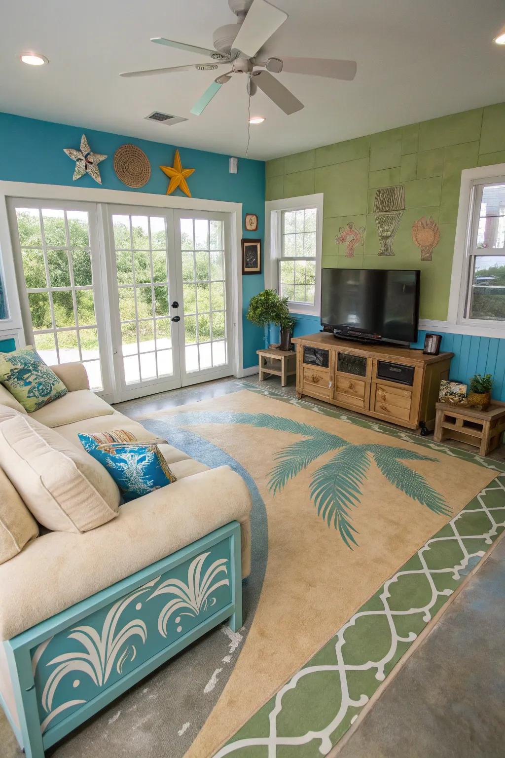 Beach-inspired colors on a concrete floor evoke a sense of relaxation in this coastal living room.