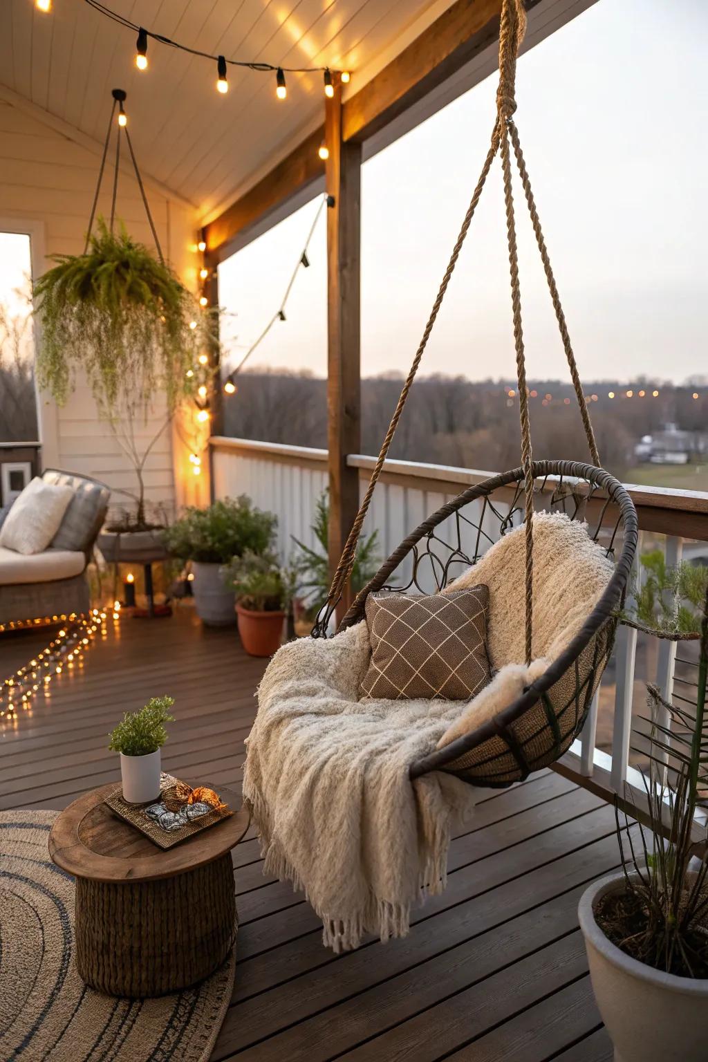 A swinging chair adds a playful element to this indoor deck.