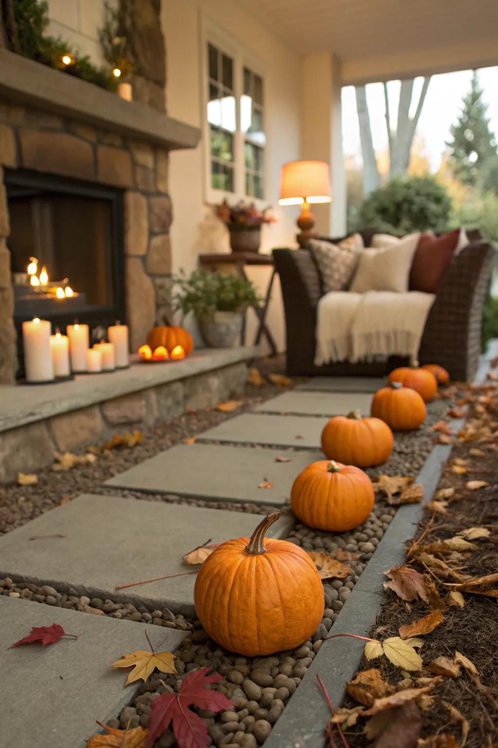 A pumpkin pathway guiding guests for Halloween.