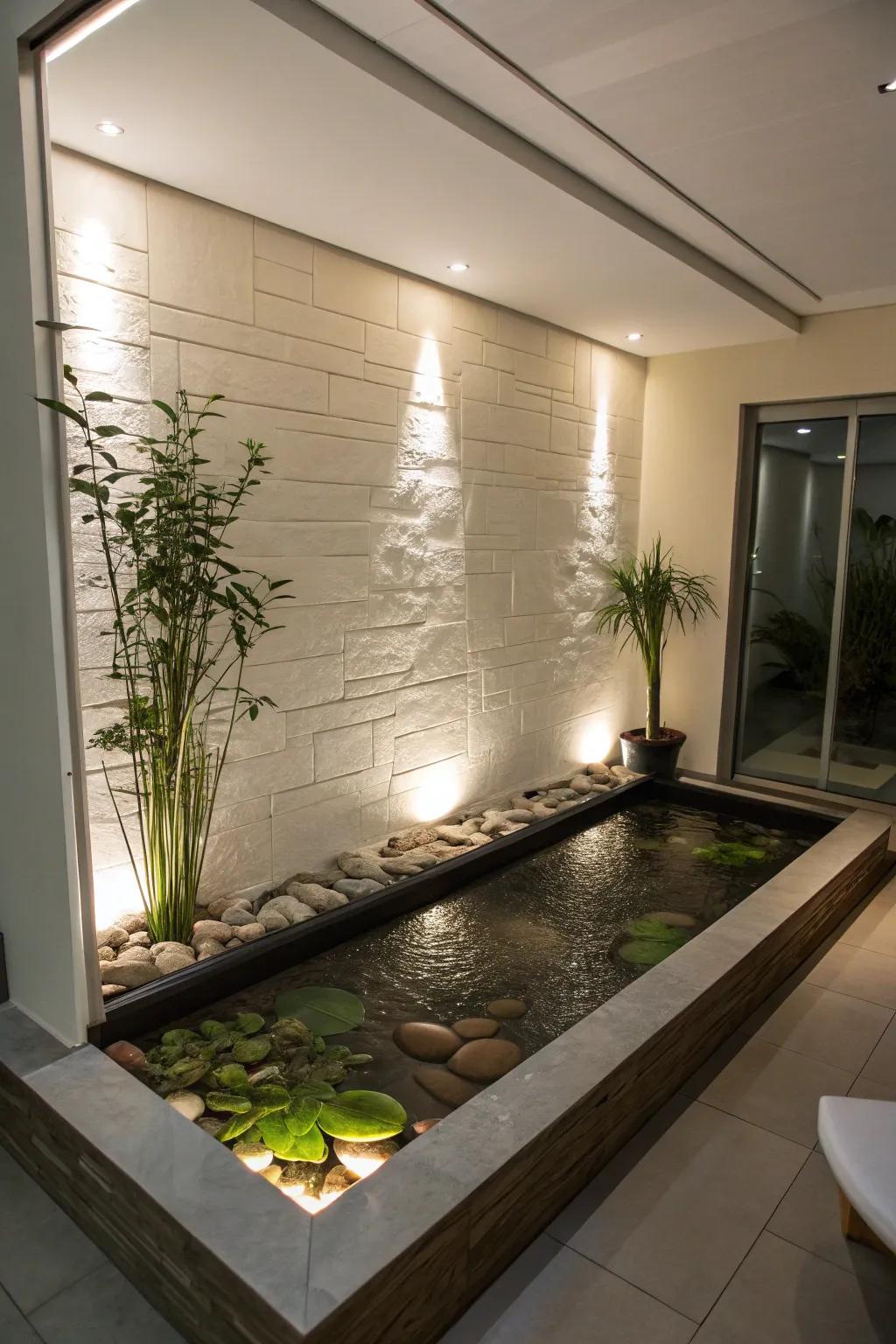 Wall-fixed ponds offer contemporary style and preserve area.