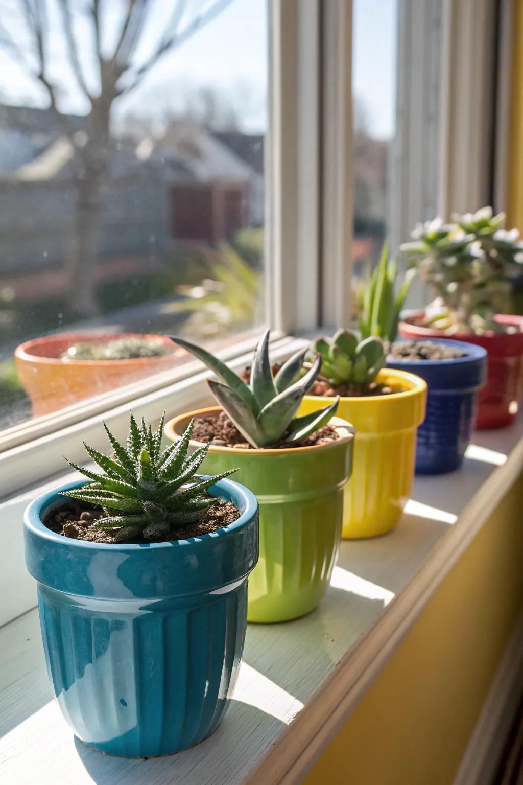 Colorful pots contribute a playful aspect to any succulent presentation.