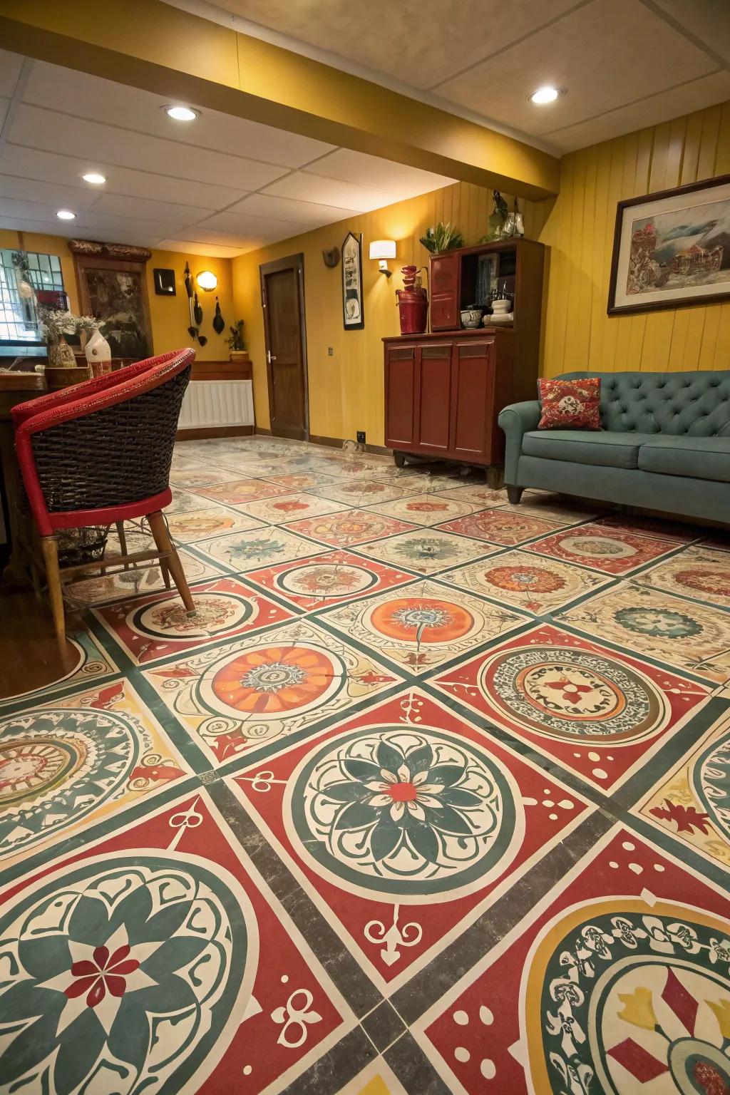 Patterned ground covering injects a vintage charm.