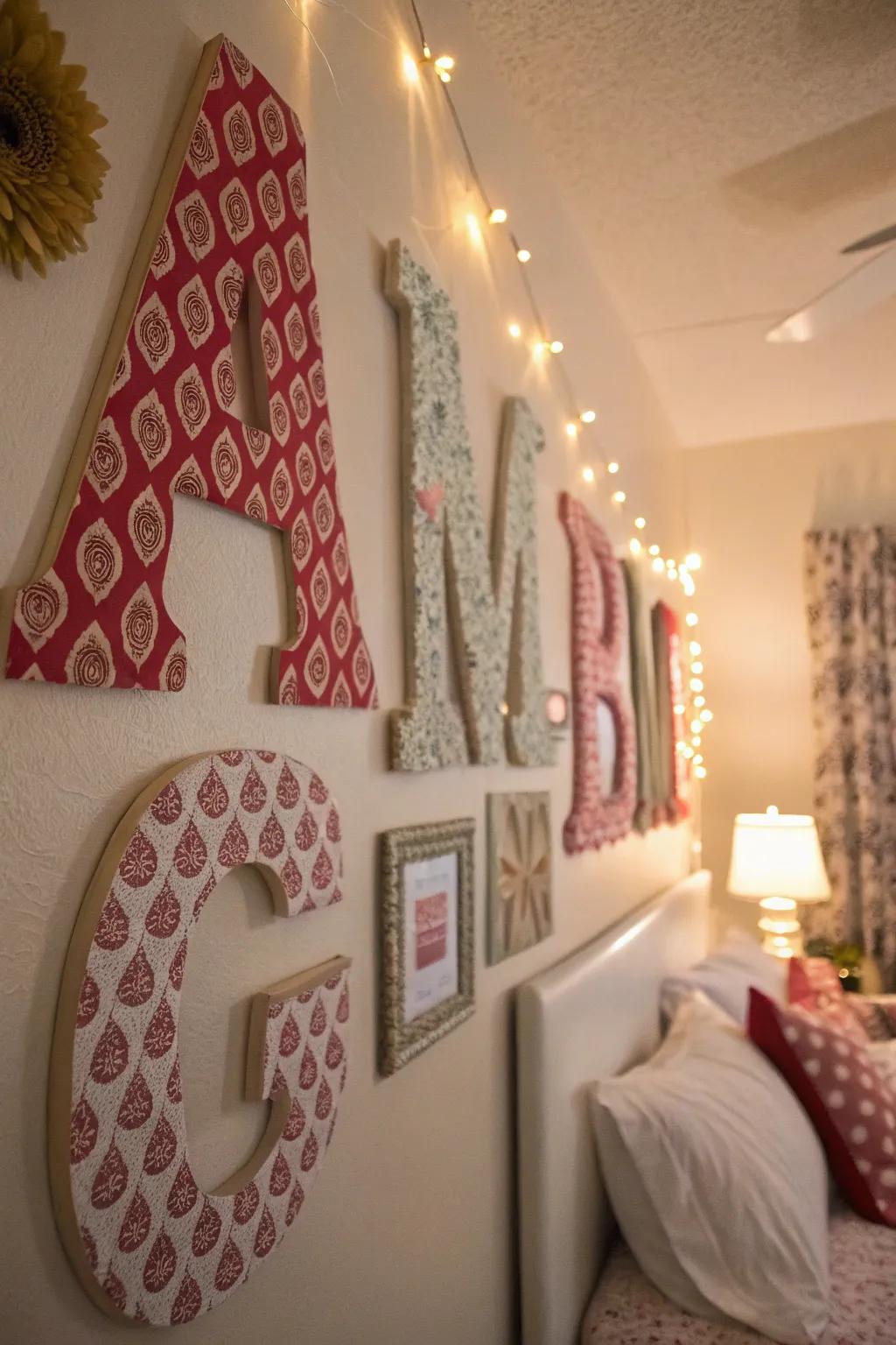 Textile-wrapped letters bring warmth and surface interest.