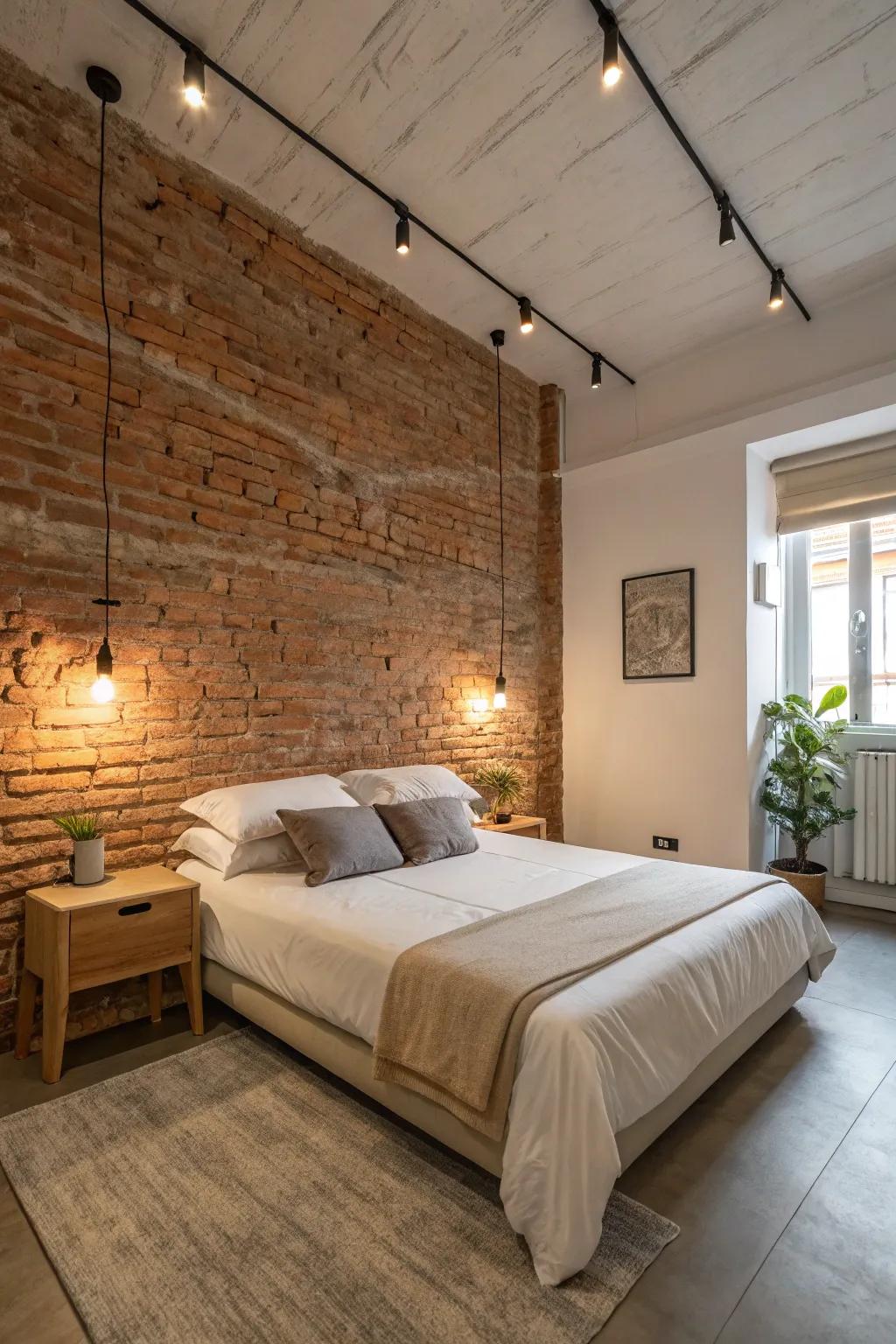 A minimalist bedroom with an exposed brick wall, adding warmth and texture to the space.