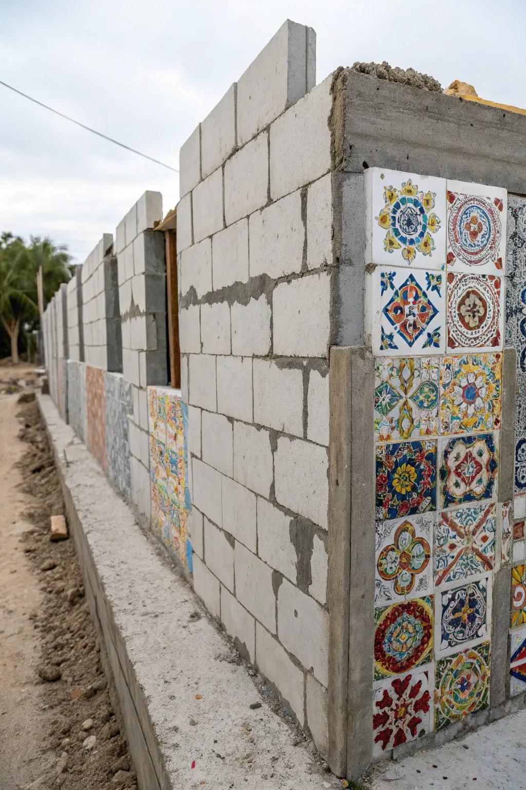 Patterned tiles create a bold statement on a cinder block wall.