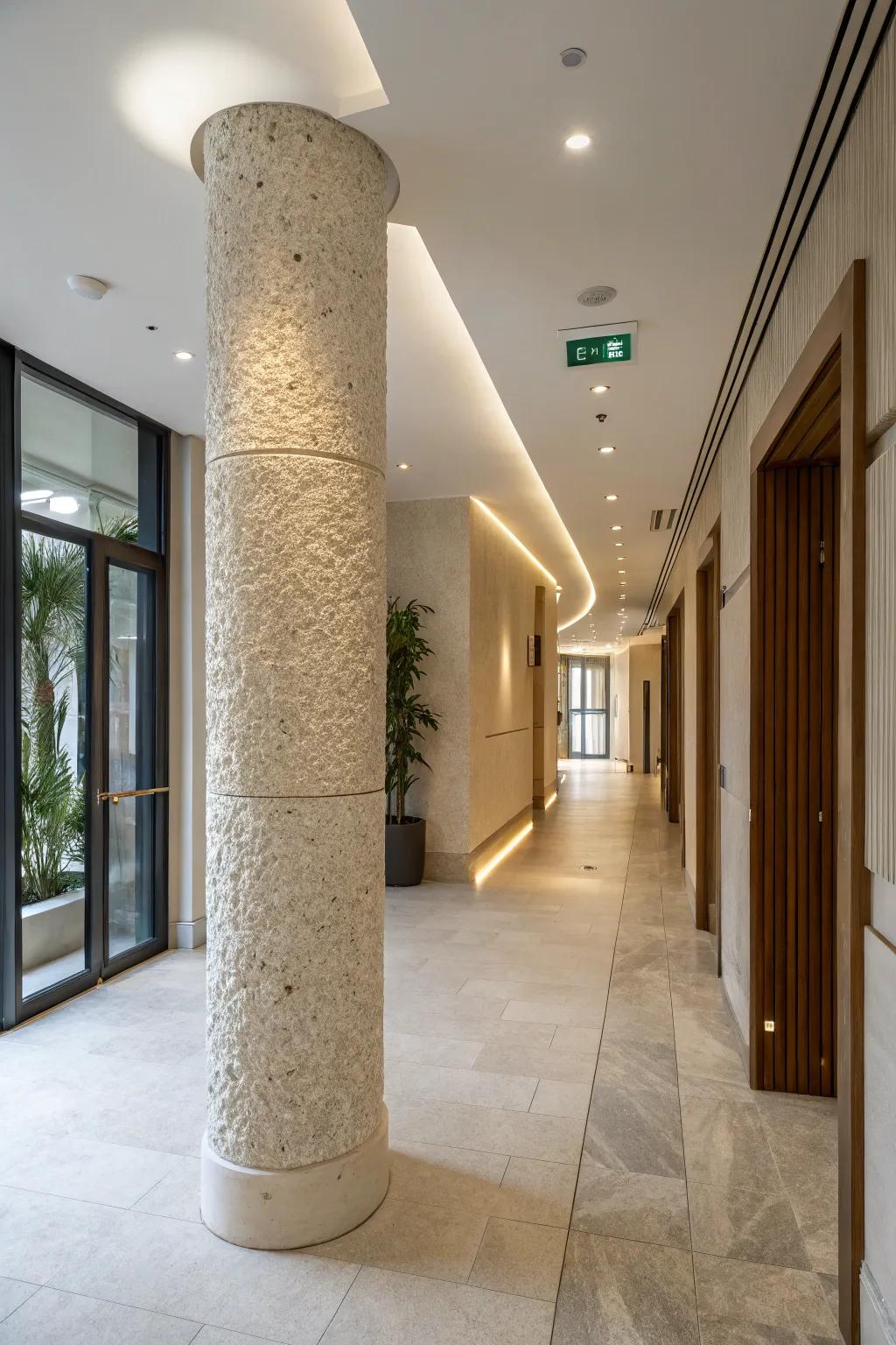 Textured surfaces increase depth of columns.