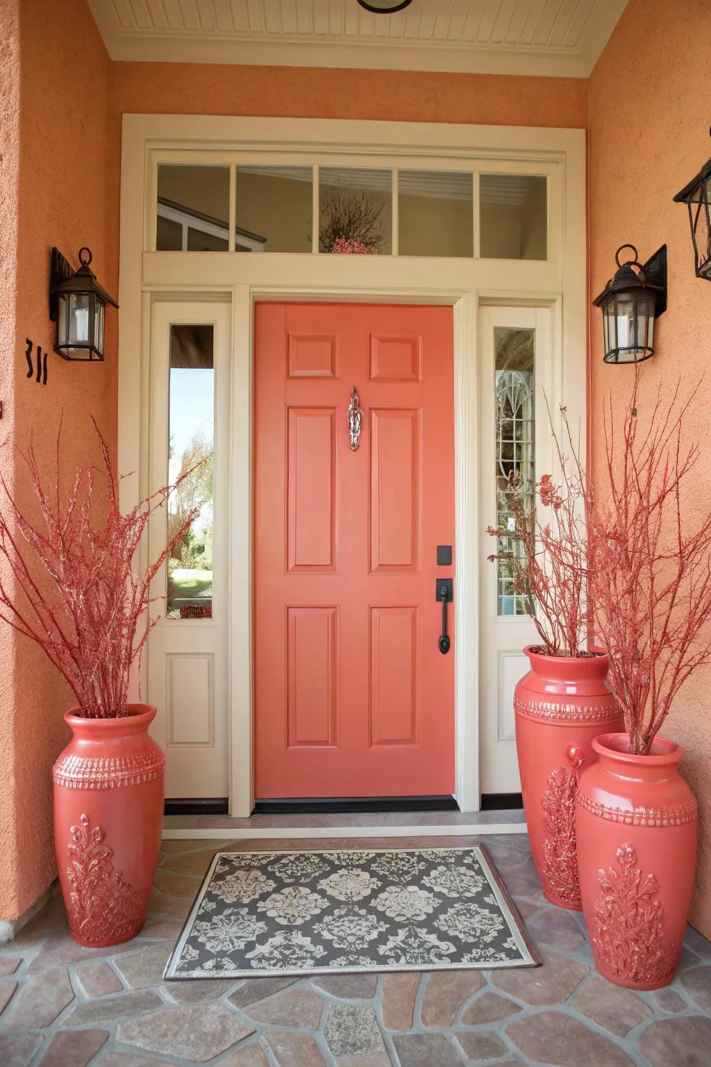A coral door gives a soft and welcoming entrance.